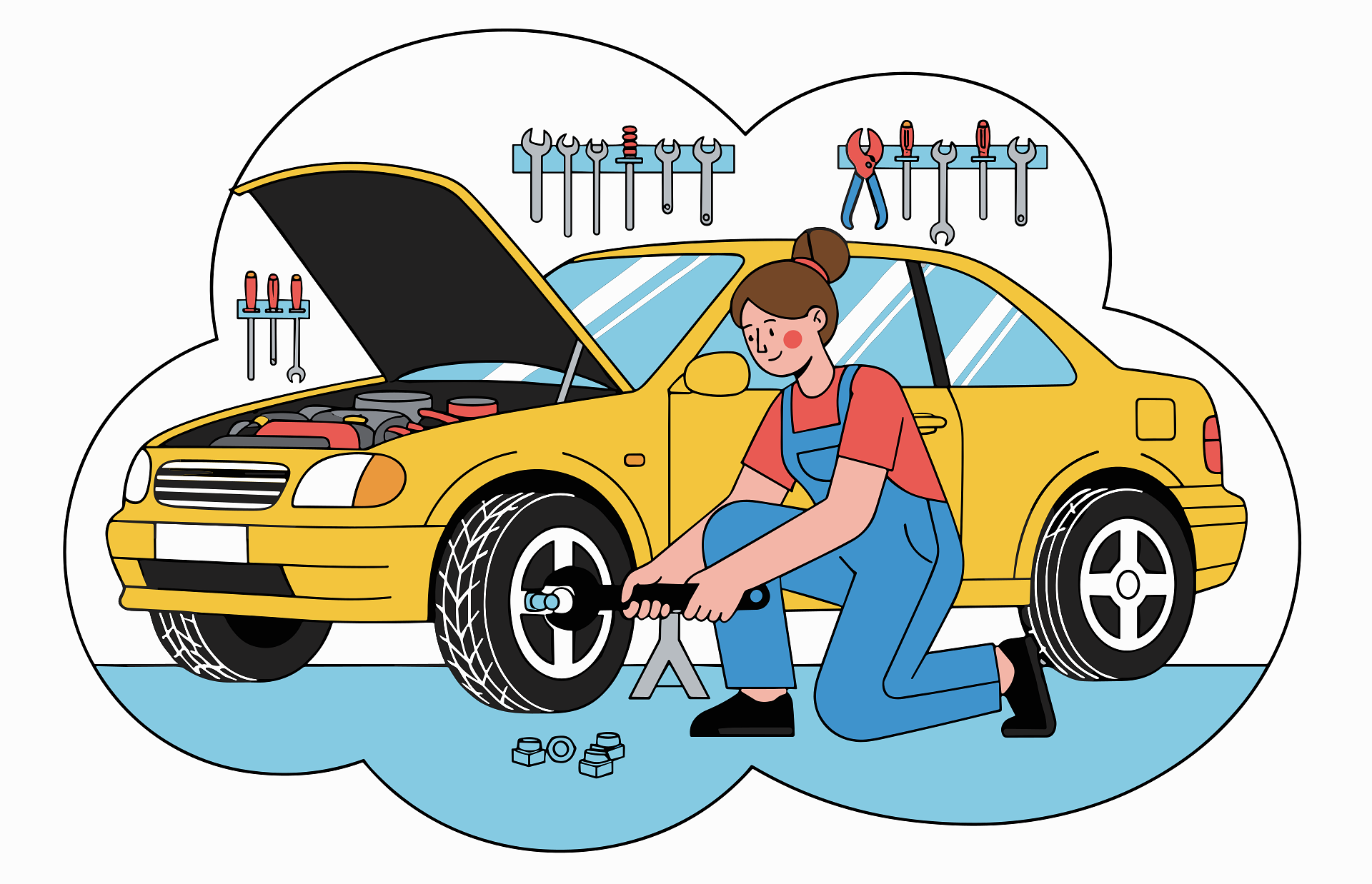 Cartoon of character performing car maintenance